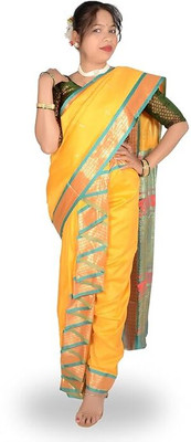 swamini wear Solid/Plain Kanjivaram Silk Blend Saree(Yellow)