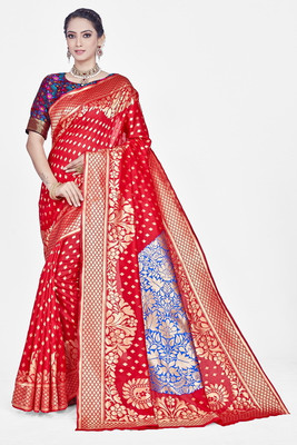 Homigoz Woven Banarasi Silk Blend Saree(Red)