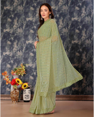 Vraggi Embellished Bollywood Lycra Blend Saree(Light Green)