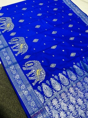 Galaxy Sarees Embroidered Banarasi Satin Saree(Dark Blue)