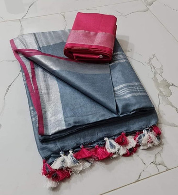 WEAVE TRENDS Woven, Solid/Plain Handloom Handloom Cotton Linen Saree(Grey, Pink)