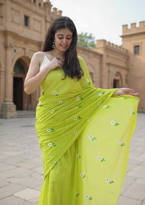 Lakshmi Boutique Embroidered, Solid/Plain, Self Design Daily Wear Khadi Saree(Light Green)