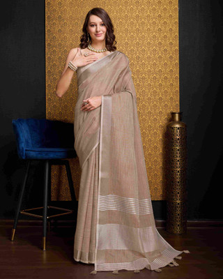 FASHION STROM Solid/Plain Bollywood Cotton Linen Saree(Beige)