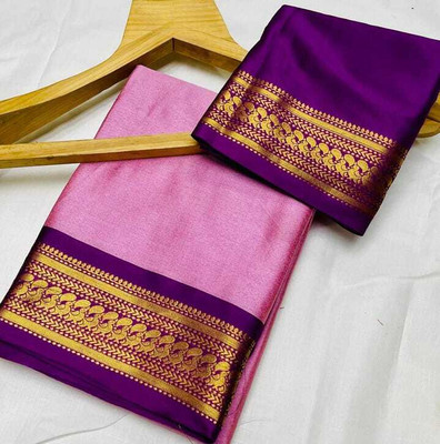 Bieth Woven, Striped, Solid/Plain Banarasi Cotton Silk, Jacquard Saree(Pink)
