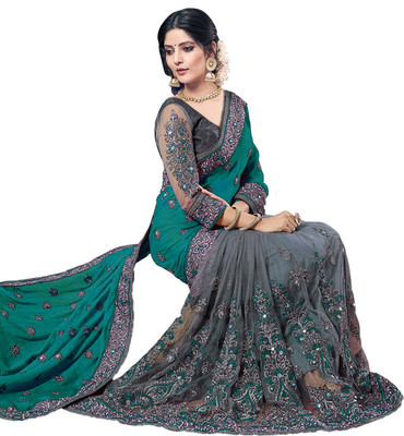 b bella creation Embellished Bollywood Net Saree(Multicolor, Grey)