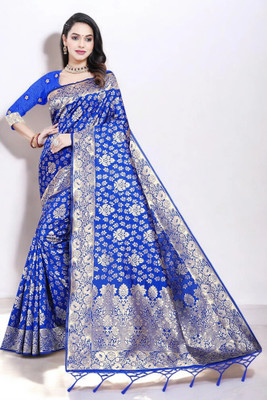 Pikham Self Design Banarasi Art Silk Saree(Blue)