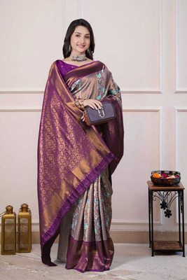 FLUIT LESVETEMENTS Printed, Floral Print, Digital Print Banarasi Silk Blend Saree(Grey)