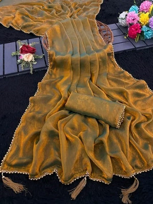 PIYA DESIGNER Self Design Bollywood Chiffon, Silk Blend Saree(Gold)