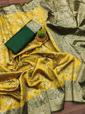 WILLMAKE Printed Bollywood Georgette Saree(Yellow, Green)