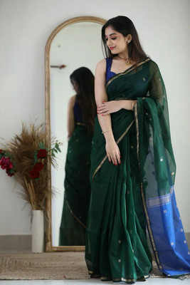 KIVERA Woven, Self Design Banarasi Cotton Silk Saree(Dark Green)