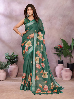 BINAKA FASHION Floral Print, Printed Daily Wear Jacquard, Cotton Linen Saree(Green)