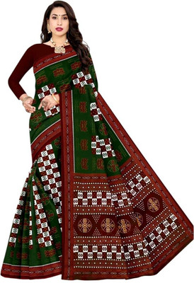 Odissi Fashion Printed Sambalpuri Pure Cotton Saree(Green, Maroon)