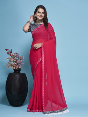 Gold Art Fashion Embroidered Bollywood Chiffon Saree(Pink)