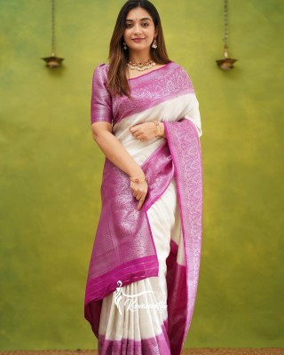 Orus Woven, Embellished Banarasi Jacquard, Art Silk Saree(White, Pink)