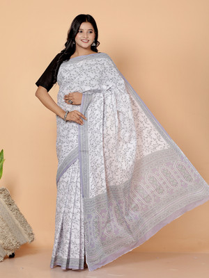 Jevi Prints Floral Print Daily Wear Pure Cotton Saree(White)