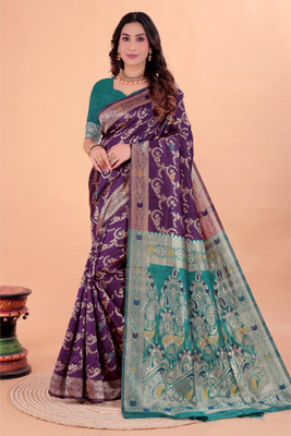 VKARAN Woven Kanjivaram Silk Blend Saree(Purple)