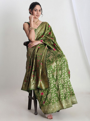 Janasya Woven Banarasi Silk Blend Saree(Green)