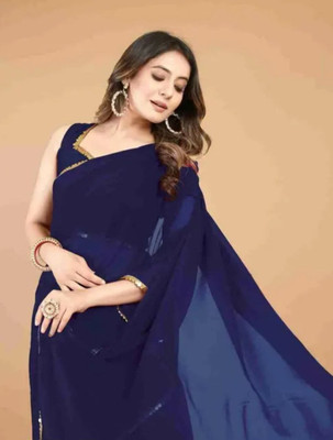 BK COLLECTION Solid/Plain Bollywood Silk Blend Saree(Blue)