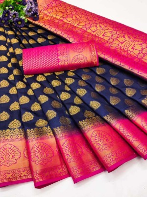 Ruhabs Woven Kanjivaram Pure Silk Saree(Dark Blue)