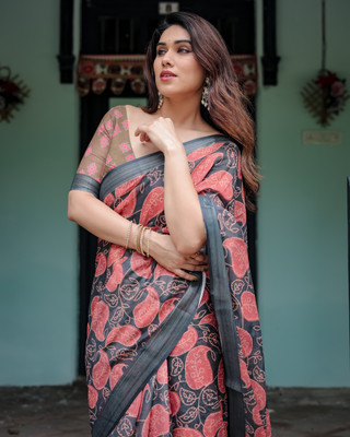 ALMAARI FASHION Printed Bollywood Cotton Linen Saree(Black)