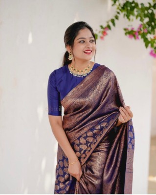 SetuMaalik Embellished, Self Design, Woven, Striped Kanjivaram Cotton Silk, Jacquard Saree(Blue)