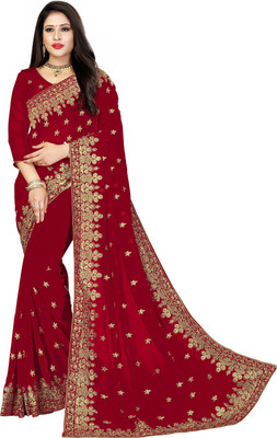 Om Shantam sarees Embroidered, Embellished, Dyed Bollywood Georgette Saree(Red)