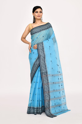 maa textile Self Design Tant Pure Cotton Saree(Blue)