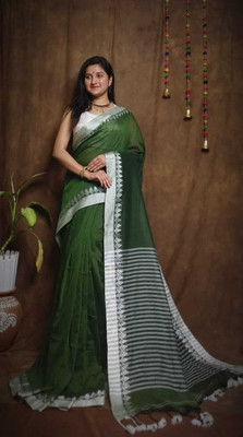 HARE KRISHNA ENTERPRISE Solid/Plain Handloom Cotton Silk Saree(Green)