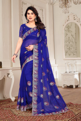 SHUBHDRASHTI NX Embroidered Bollywood Silk Blend Saree(Blue)