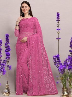 Prisha Fashion Embroidered Bollywood Brasso Saree(Pink)