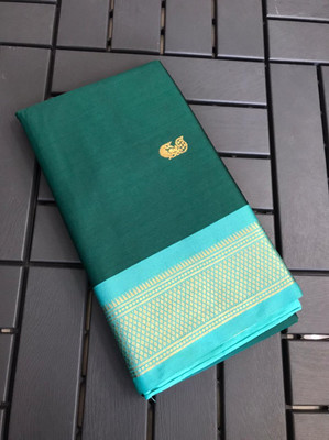 EBAAD TEXTILE Woven Paithani Cotton Silk Saree(Dark Green, Light Blue)