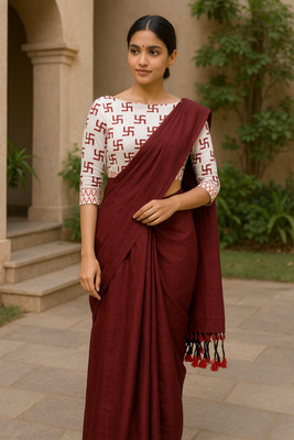 SMRITI HANDLOOM Solid/Plain Kalamkari Pure Cotton Saree(Maroon, White)