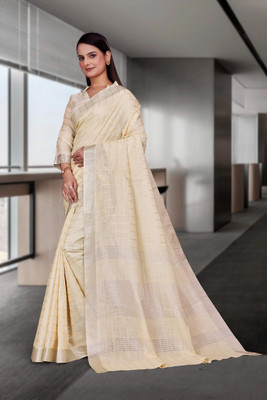 Feminista Self Design, Woven Daily Wear Cotton Silk Saree(White)