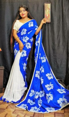 Rnn Embroidered Jamdani Cotton Silk Saree(Blue, White)