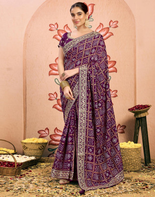 Tasrika Printed, Embroidered, Embellished Bandhani Chiffon, Georgette Saree(Purple)