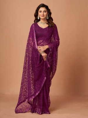 Aamvii Floral Print Bollywood Net Saree(Purple)