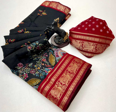 Sonal Printed, Woven Kalamkari Viscose Rayon Saree(Black, Red)