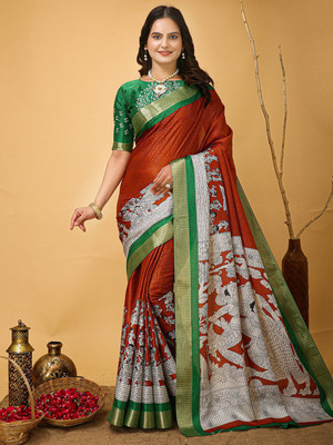 Anouk Rustic Printed Chinnalapattu Cotton Blend Saree(Brown)