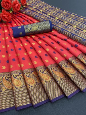 Rupatika Woven Banarasi Pure Silk, Cotton Silk Saree(Dark Blue, Red)