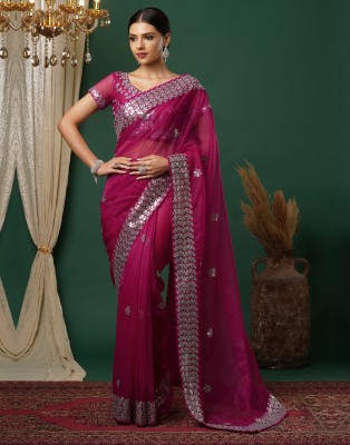 Samah Embellished, Embroidered, Dyed Bollywood Net Saree(Pink)