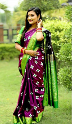 Ansari Fabrics Printed Sambalpuri Satin Saree(Purple, Green)