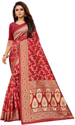 Hinayat Fashion Self Design, Printed, Embroidered, Embellished, Woven Kanjivaram Pure Silk, Art Silk Saree(Red)