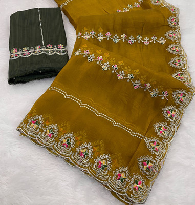 LAJEELEE Embroidered Bollywood Chiffon Saree(Yellow)