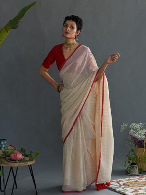 Suta Self Design Handloom Pure Cotton Saree(White)