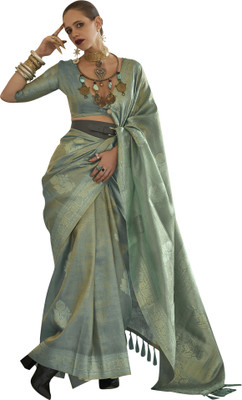 Akhilam Woven Kanjivaram Silk Blend Saree(Light Green)