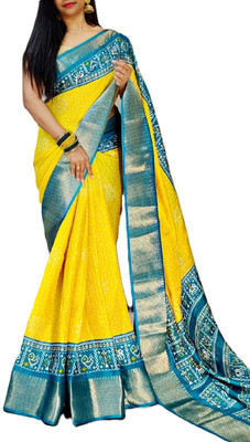 Chandan Fabrics Printed Bollywood Chanderi Saree(Yellow, Green)