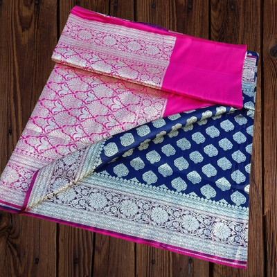 HouseOfCommon Self Design Tant Handloom Cotton Blend Saree(Dark Blue, Pink)