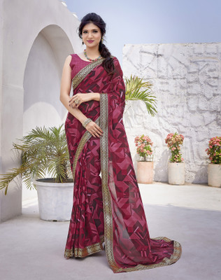 YASHIKA Printed Bollywood Georgette, Lace Saree(Red)
