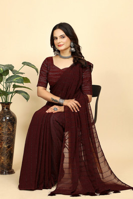 SAADHYA CREATION Embroidered, Solid/Plain Bollywood Chiffon Saree(Brown)