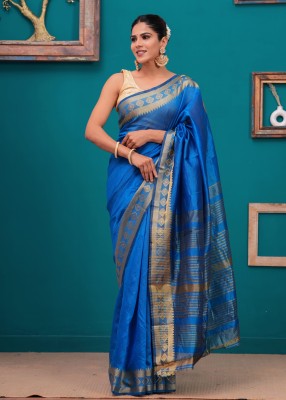 WRADAH Woven Chanderi Cotton Silk Saree(Light Blue)